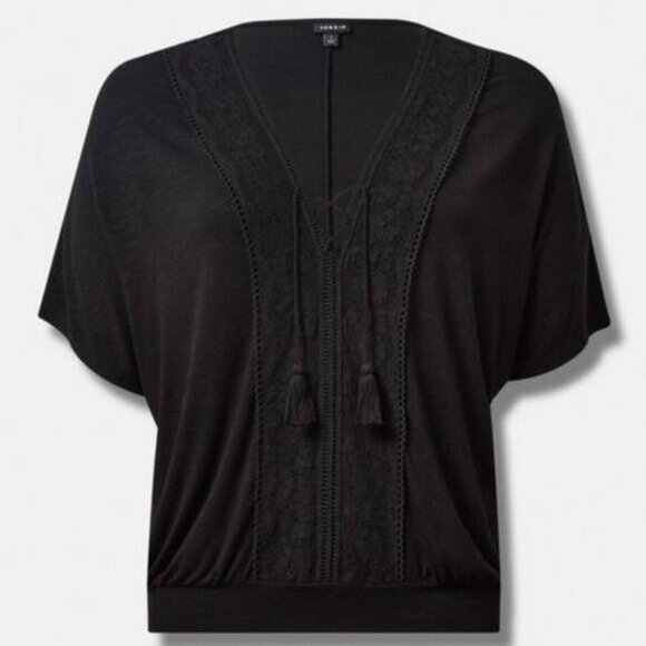 New Torrid Black Textured Jersey V-Neck Lace Up Banded Dolman Top Sz 12 0 - Picture 2 of 6